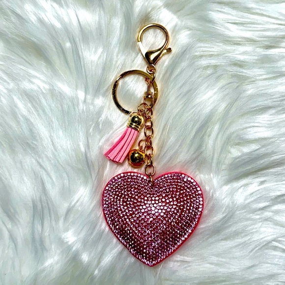 Pink Rhinestone Heart Bag Charm Keychain with Pink Tassel Bling New - Picture 1 of 5